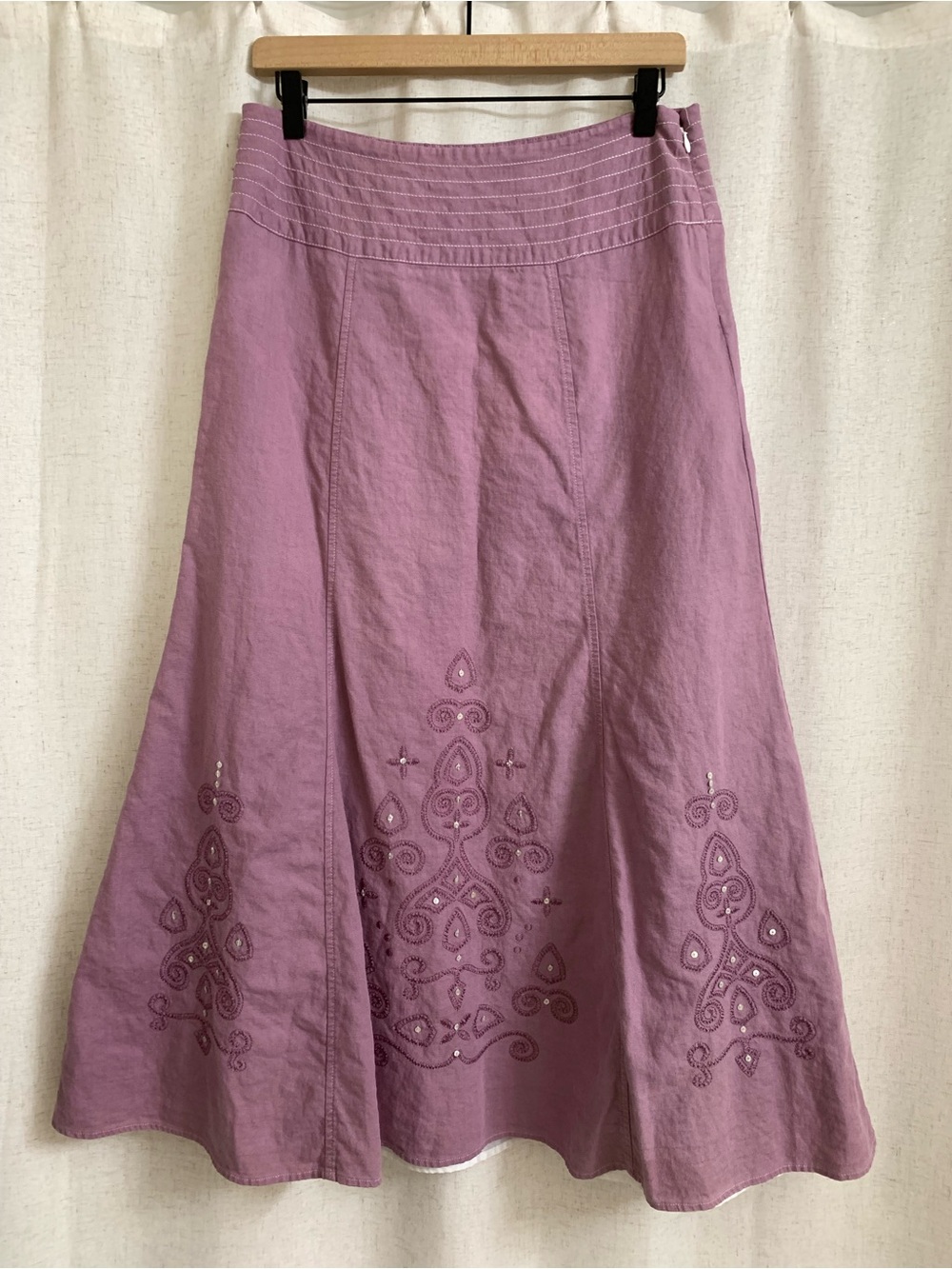 Hillard & Hanson Linen Blend Dusty Mauve Embroidered Sequin A-Line Skirt 4